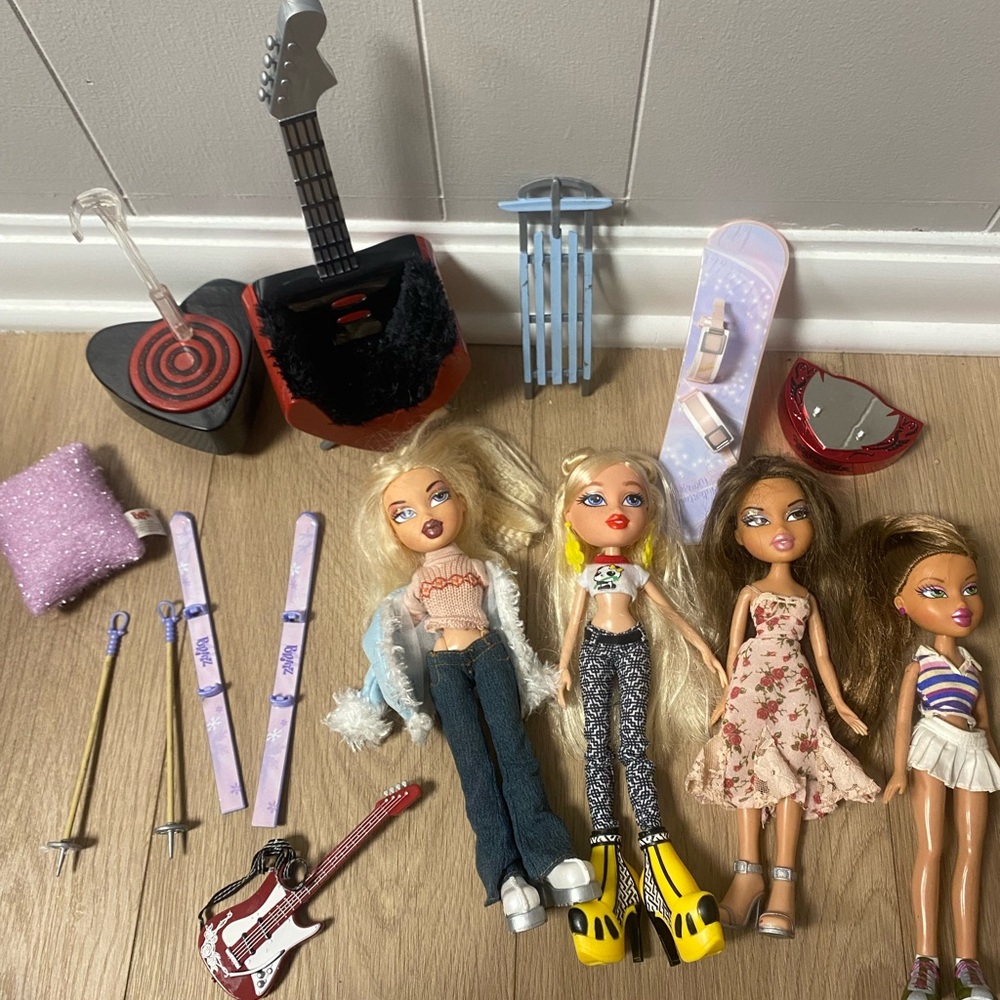 Bratz Lot - 4 dolls, winter sports, chair, stand, and clothes and accessories.